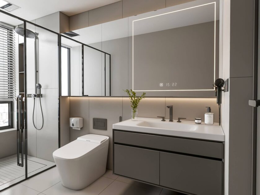 3d rendering modern minimalist bathroom design with shower vanity (1)